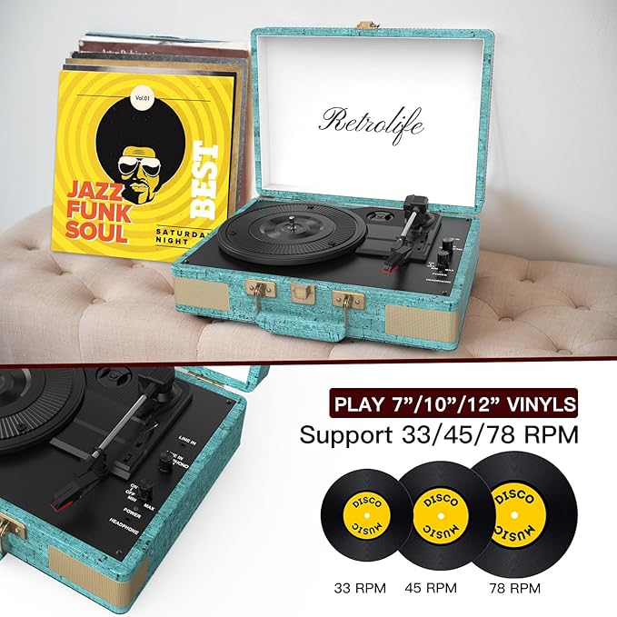 Retrolife Record Player 3 Speed Bluetooth Portable Suitcase Vinyl Player with Built-in Speakers Turntable Enhanced Audio Sound PU Leather Vintage