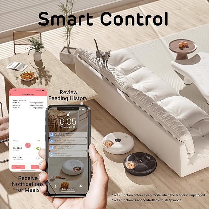 iPettie Donut Frost WiFi 6 Meal Automatic Cat Dispenser with App Control, Dry & Wet Food Automatic Cat Feeder, Smart Dog Feeder with Two Ice Packs, Programmable Timer, Holds 6 x ½ lb. of Food
