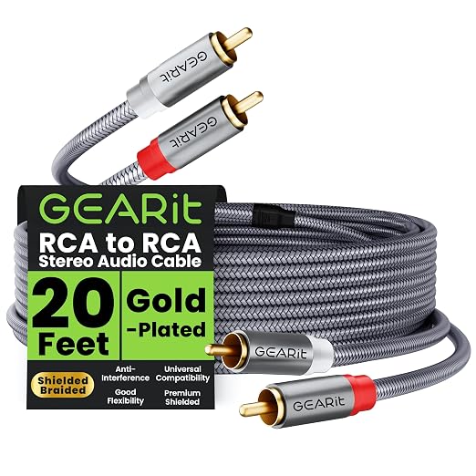 GEARit RCA Cables Car Audio 20ft, Oxygen Free Copper RCA Cables with Dual Shielding & Gold-Plated Connectors, Audio Cable for Subwoofer Cable, Hi-Fi System, Amplifier, Active Speakers, Gaming Consoles