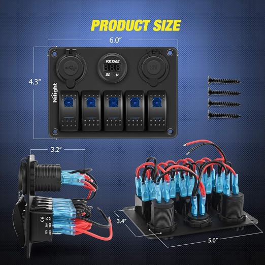 Nilight - 90118H 5 Gang Rocker Switch Panel Pre-Wired Aluminum Switch Panel with Dual USB Cigarette Lighter Socket Voltmeter12V-24V DC Switch Panel with Night Glow Stickers for Cars Rvs Trucks