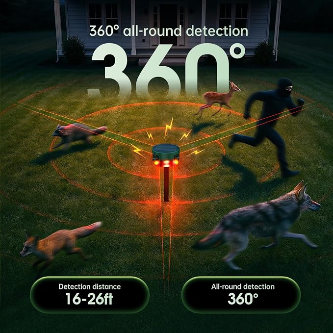 Solar Outdoor Motion Sensor Alarm, 130dB Dog Barking & Gunshot Sound, 13 Sounds, Strobe Light, Support Recording & Volume Control, Keeps Unwanted Animals Away from Yard, Garden, or Farm