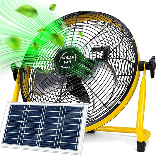 DBF 14" Solar Powered Fan, 15000 mAh Rechargeable Battery Operated Outdoor Floor Fan, 20W Solar Panel, 4-24H Runtime, 12 Speeds, Quiet, Cordless, For Outside Barn Home Outage, Yellow