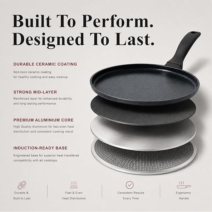 Alva Ceramic Nonstick Crepe Pan 11 Inch Flat Griddle Pan for Crepes, Pancakes, Eggs & Tortillas, PFAS-Free Aluminum Frying Pan, Induction Compatible Black, Dosa Tawa, Roti, Chapati Skillet