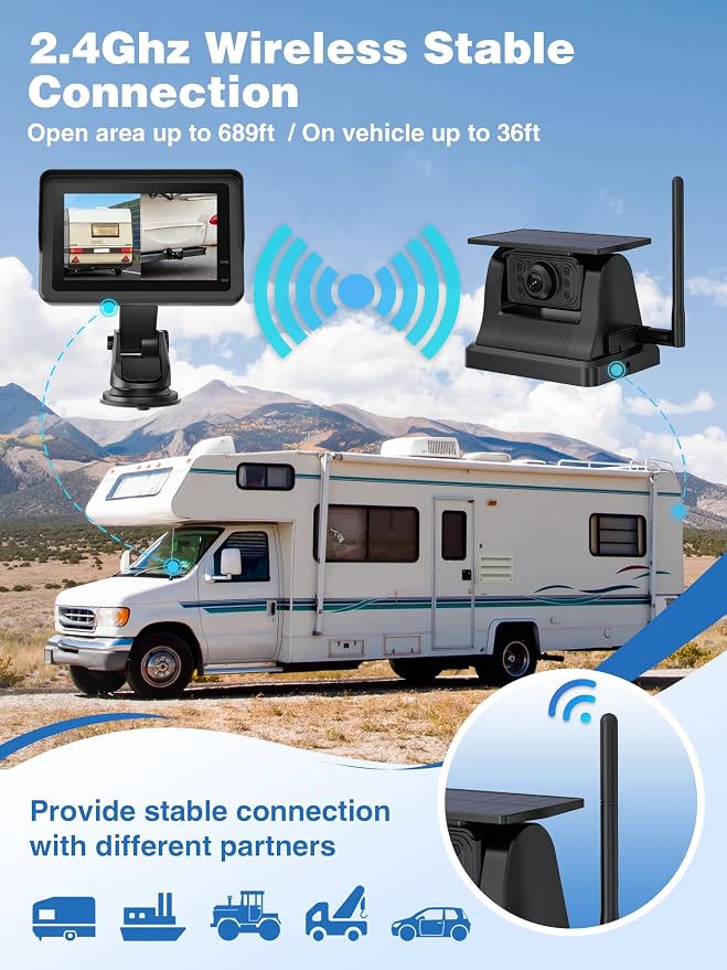 Magnetic Solar Wireless Backup Camera with 28hrs Rechargeable Battery, IR Night Vision & IP69, Suitable for Trucks, RV, Small Trailer & Pickup, 5'' HD 1080P Video Monitor, Reserve Guideline