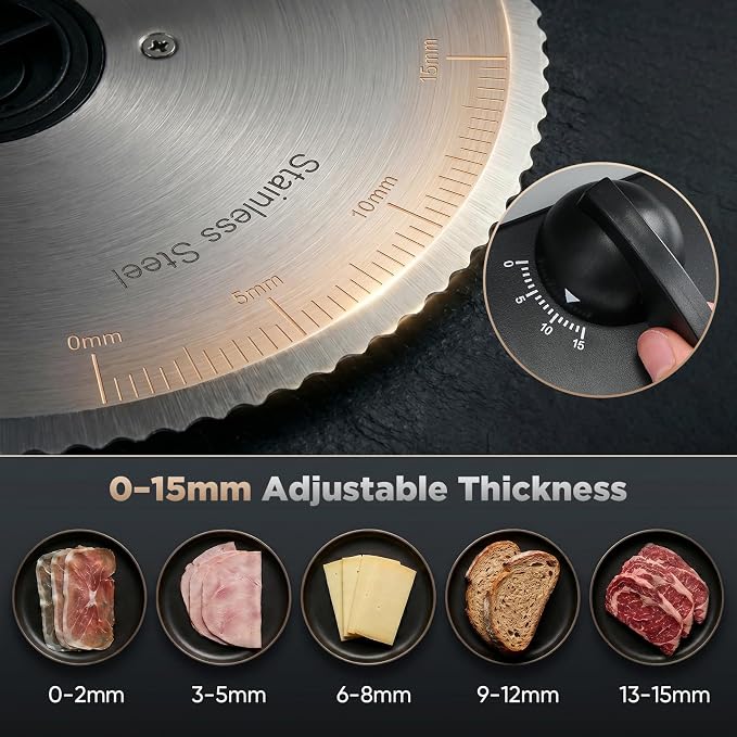 Sakerplus Electric Meat Slicer, 200W Food Slicer Machine with 2 Blades, 0-15mm Adjustable Thickness, Removable Blade, Food Pusher & Safety Guard for Meat, Bread, Vegetables