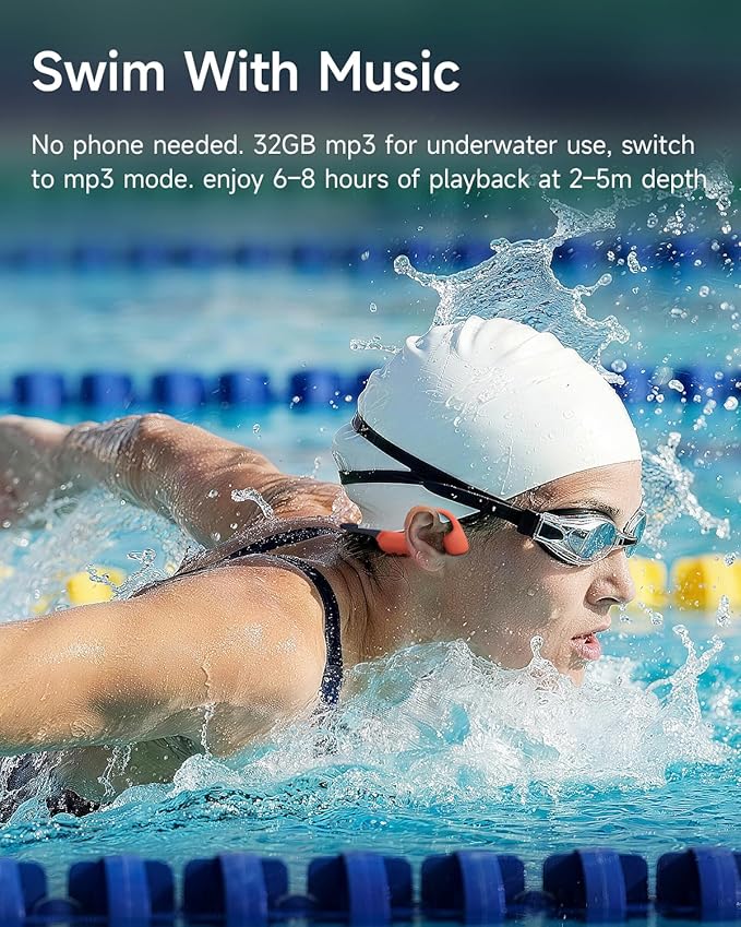 Swimming Headphones, IP68 Waterproof Bone Conduction Headphones, MP3 Mode 32GB Memory, 10H Playtime, Bluetooth 6.0, Open Ear Underwater Headphones for Women, Swimming, Yoga, Aerobics