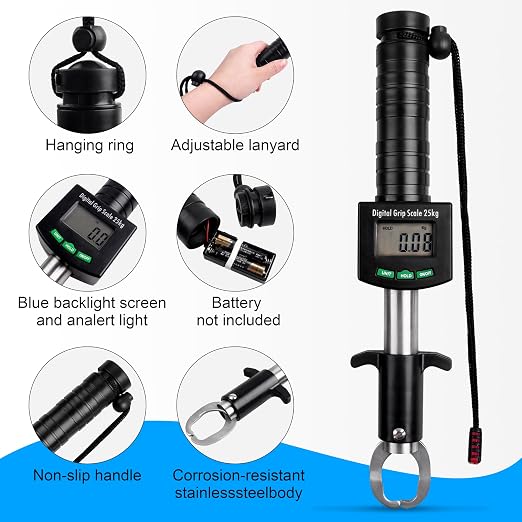 AGOOL Fish Gripper with Digital Fish Scale, 50lb/25kg Loading Capacity Fish Lip Grip Memory Function Fishing Scale Stainless Steel Fish Lip Gripper