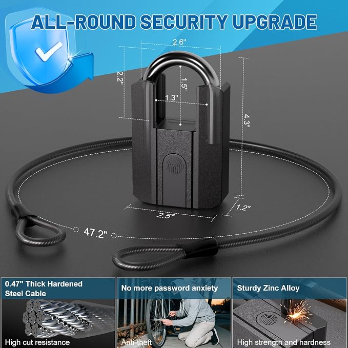 APECYC Fingerprint Bike U Lock with Cable, Heavy Duty Anti Theft Smart Lock | Unlock in 0.2 Seconds, Anti-theft Bicycle Lock with 4FT Cable for Commuting, E-bikes, Scooters, Motorcycles & Outdoor Parking