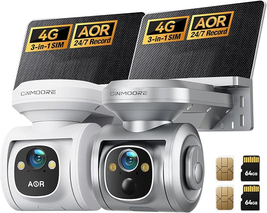 2-Pack 4G LTE Cellular Security Camera Solar-Powered Wireless Outdoor, 24/7 Recording No WiFi Needed, 2.5K 4MP Color Night Vision, 360° Pan & Tilt Live View, Includes SIM Card & 64GB eMMC