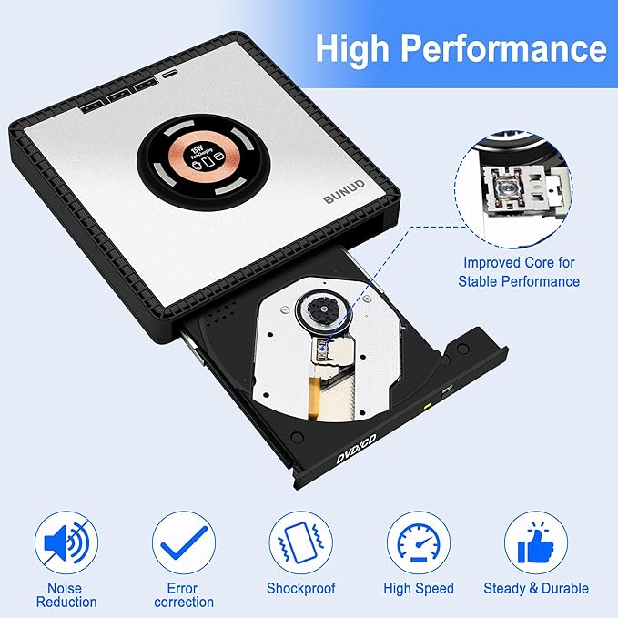 BUNUD External CD/DVD Drive for PC: DVD Burner with 15W Fast Wireless Charger for AirPods 4 3 2 Pro - External DVD Player for Laptop Mac Apple Windows with SD/TF/3 USB Ports