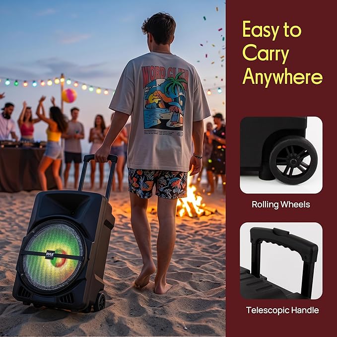 Pyle Wireless Portable PA Speaker System - 800W Powered Bluetooth Indoor & Outdoor DJ Stereo Loudspeaker with MP3 AUX 3.5mm Input, Flashing Party Light & FM Radio-PPHP1244B,Black