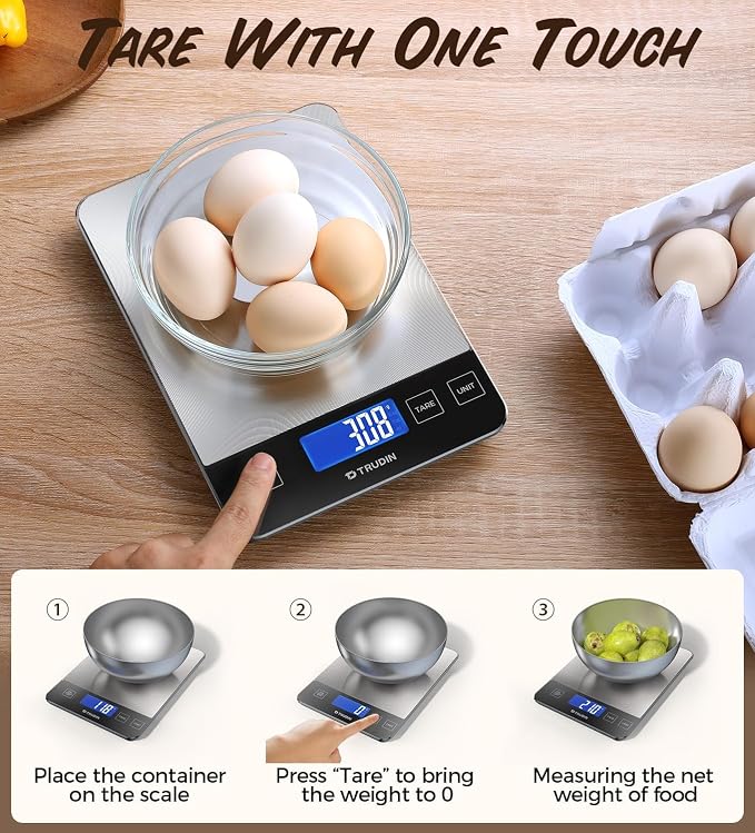 33lb Food Scale, NASA-Grade Digital Kitchen Scale, Precisely Measures Grams and Ounces for Baking and Cooking, Waterproof Tempered Glass & Stainless Steel Platform