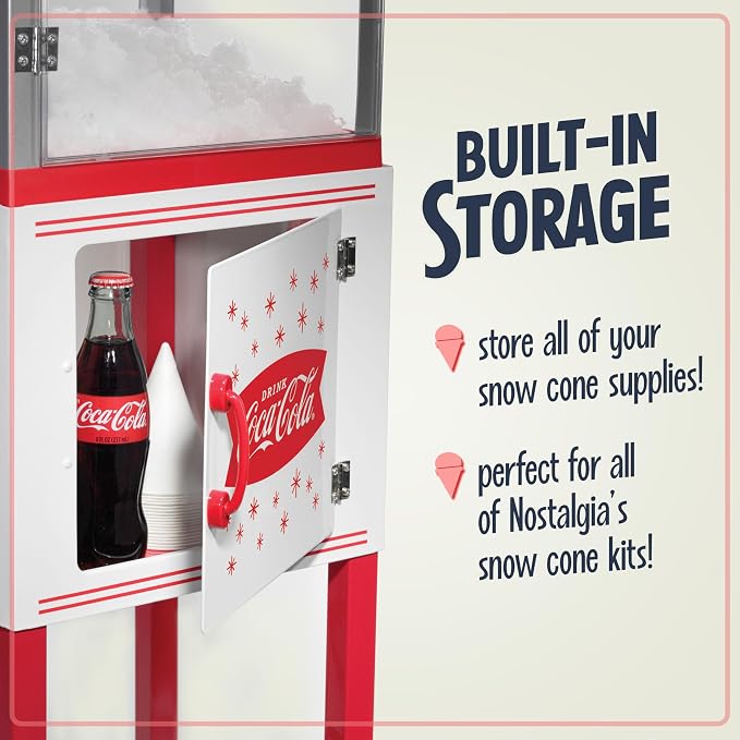 Nostalgia Coca-Cola 48-Inch Tall Snow Cone Cart, Makes 72 Icy Treats, Includes Metal Scoop, Storage Compartment, Wheels For Easy Mobility – Coke Red