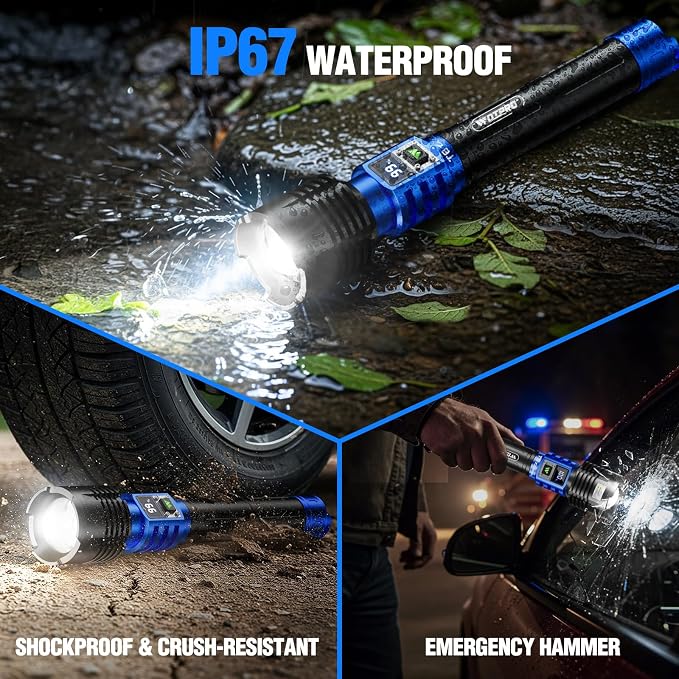 WdtPro Rechargeable LED Flashlights High Lumens, Super Bright 90000LM Rechargeable Flashlight with LCD Display, 5 Modes & Waterproof Powerful 10000mAh Handheld Flashlight for Camping Emergency Blue