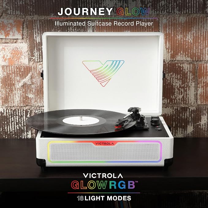 Victrola Journey Glow – Illuminated Suitcase Record Player – 18 RGB Light Effects, Stereo Speakers with Enhanced Bass, Bluetooth Streaming, (Black)