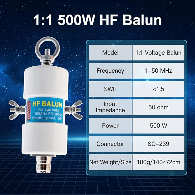 1:1 Voltage Balun Antenna, 500W HF Band (1-50MHz) Ham Radio Balun for Dipole Antenna - Weatherproof Design with UHF Female (SO-239) Connector, Antenna Signal Converter