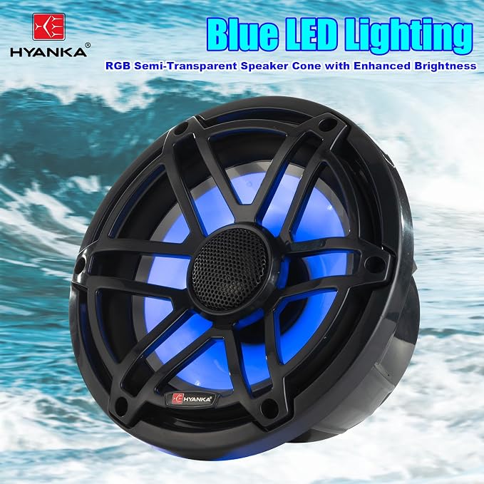 H YANKA MC-65B 6.5 Marine Speakers - 750W 2-Way IP67 Waterproof Marine Stereo System with Blue LED Light, Full Range Sound, Professional Boat Speakers, No Distortion, Y35 Magnet Woofer - 1 Pair