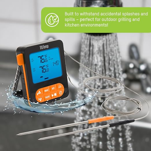Taylor TruTemp Dual Probe Wired Programmable Meat & Food Thermometer, Digital, Monitor Two Dishes, Baking, Grilling, Roasting, User-Friendly, Backlit, Orange