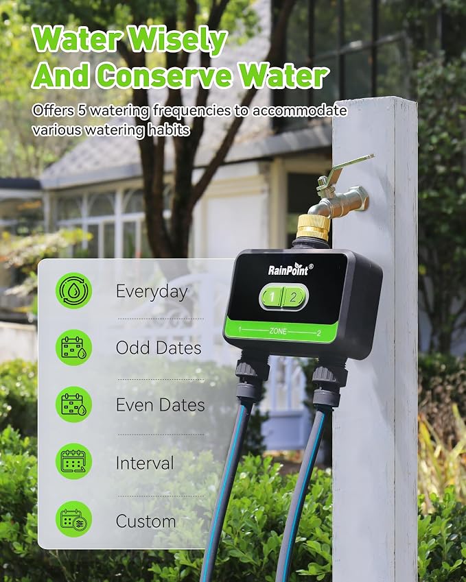 RainPoint WiFi Water Timer for Garden Hose with Brass Inlet, 2-Zone Smart Sprinkler Hose Timer, WiFi Irrigation Controller, Automatic Watering System for Lawns and Yard