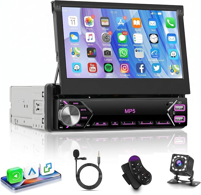 7 inch Single Din Flip Out IPS Touchscreen Car Stereo, 1 Din Car Stereo with Bluetooth Car Audio Receivers, Backup Camera, FM Radio/Mirror Link/USB/AUX/TF/Type-C Fast Charging