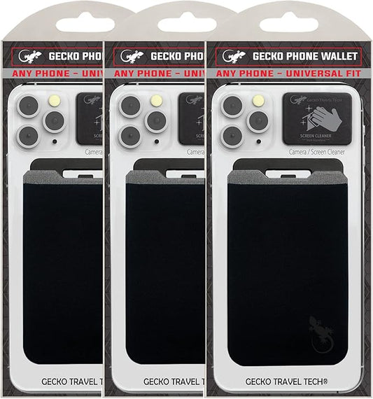 3 Pack Gecko Phone Wallet Stick on with Stand - Phone Wallet Cellphone Accessories case - Phone Card Holder with Stick on - Credit cardholder for Cell Phone (x3 Black Black)