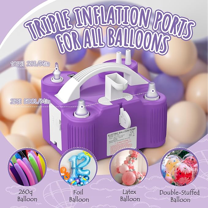 4-in-1 Electric Balloon Pump for All Balloons, Inflatables, and Sports Balls, Triple Inflating Ports for Latex Foil 260q Mylar Balloon, Inflator Deflator for Air Beds Pool Floats Yoga Balls