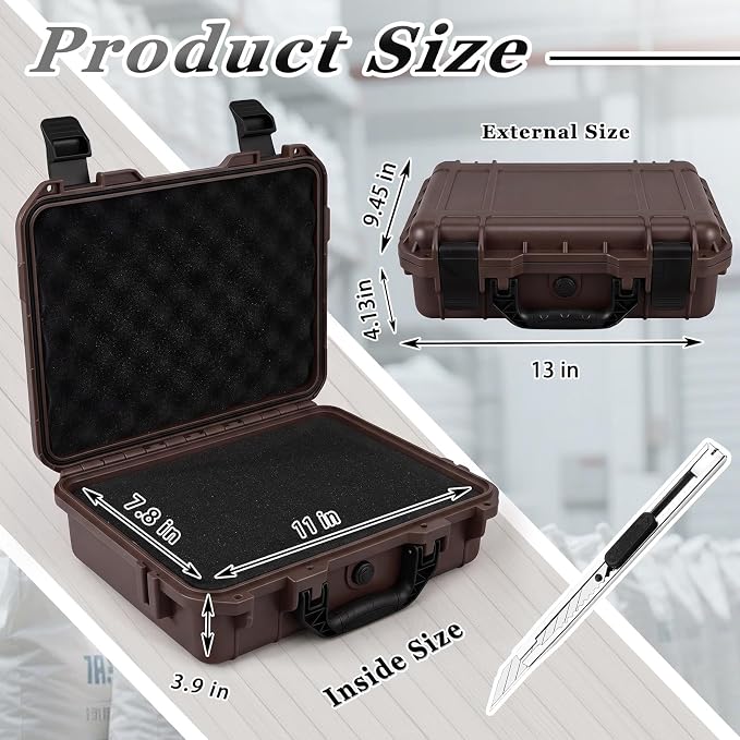 Relaxweex 1 Pcs Waterproof Hard Case with DIY Customizable Foam Insert Portable Protective Case with Knife for Camera Drones Equipments Tools Test Instruments (Brown,11.3 x 8.7 x 4.2 Inch)