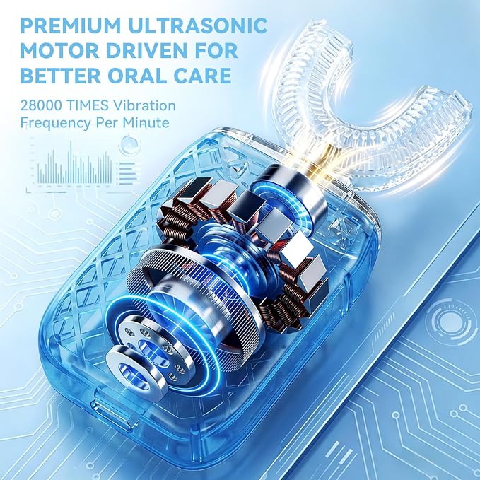 Sonic Electric U Shaped Toothbrush for Adults, Automatic Full Mouth Cleaning Toothbrush, 360° Stain Removal, IPX7 Waterproof Rechargeable, 3 U-Shape & 2 Straight Brush Heads