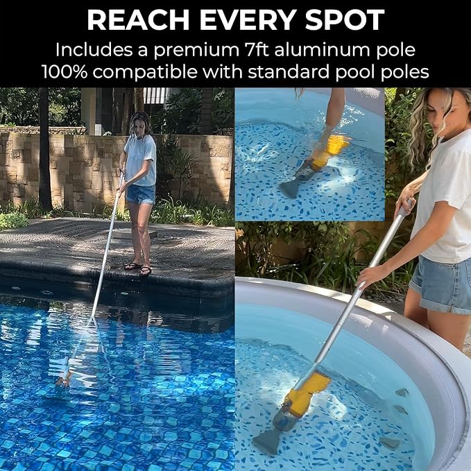 16V Cordless Handheld Pool Vacuum - 26,000Pa Hyper Suction, 3-Stage 3D Fiber Ball Micro-Filtration, Fine Filter, XL 0.3gal Canister, 7ft Pole & 2 Heads, for Inground & Above Ground Pools, Spas