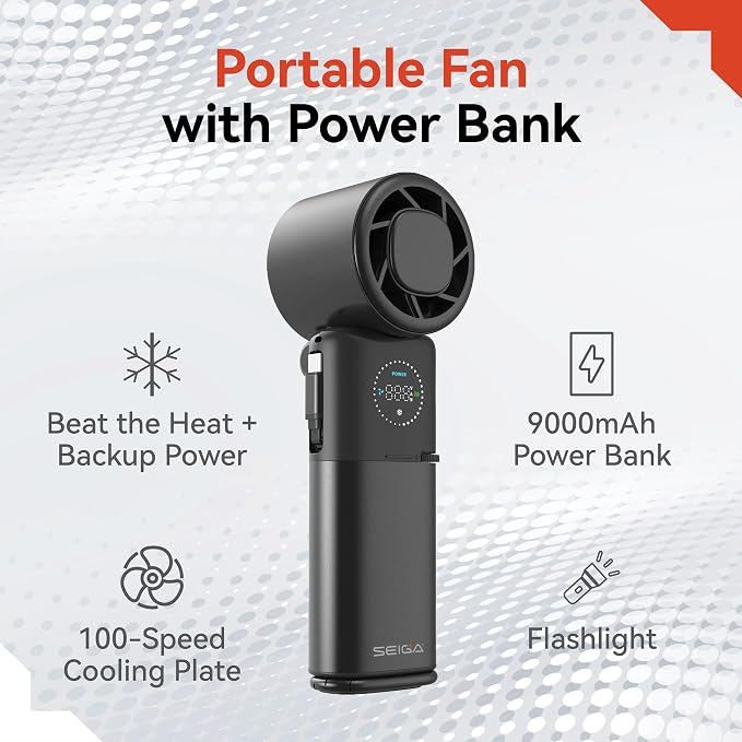 SEIGA Pro Metal Ice Fan with Cooling Plate & 9000mAh Power Bank, 10500 RPM 100-Speed Handheld Fan, 22.5W Fast Charge, USB-C Cable & Flashlight for Travel & Summer