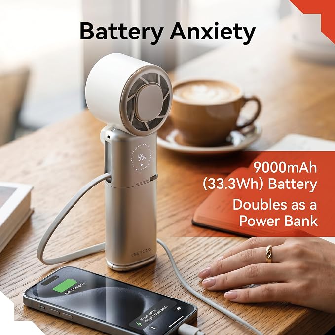 SEIGA Pro Metal Ice Fan with Cooling Plate & 9000mAh Power Bank, 10500 RPM 100-Speed Handheld Fan, 22.5W Fast Charge, USB-C Cable & Flashlight for Travel & Summer