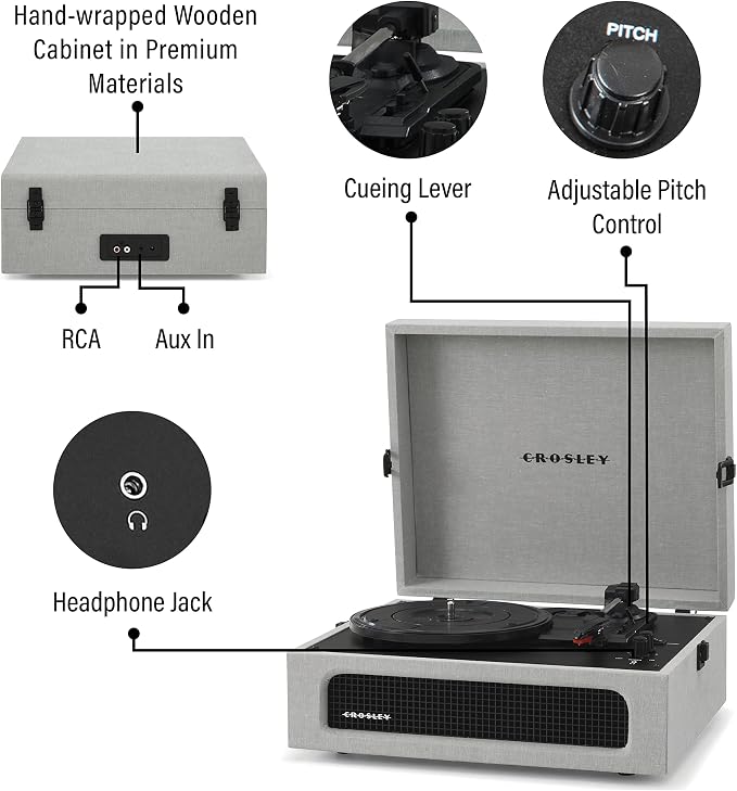 Crosley CR8017B-GY Voyager Vintage Portable Vinyl Record Player Turntable with Bluetooth in/Out and Built-in Speakers, Gray
