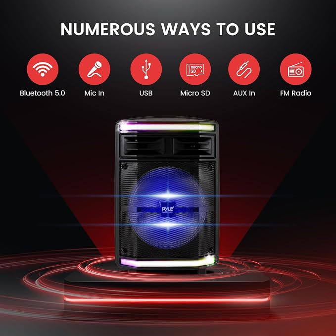 Pyle Portable Bluetooth Speakers with 10 Inch Subwoofer, Wireless Speaker with FM Radio, Karaoke System & Rechargeable Battery, Flashing Party Lights, MP3/USB/Micro SD Readers for Indoor Outdoor Use