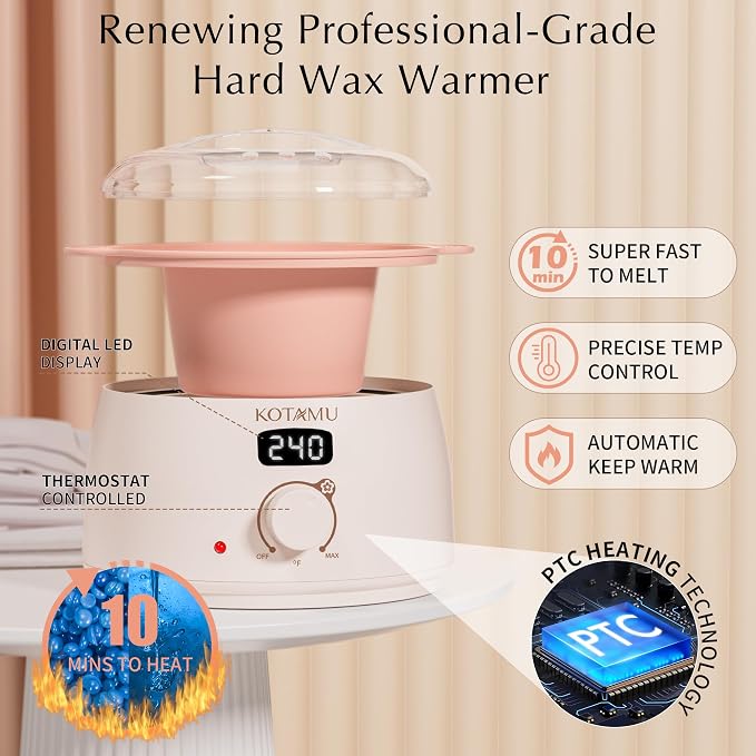 KOTAMU Waxing Kit for Women & Men, Wax Warmer for Hair Removal, Digital Wax Kit with Silicone Pot, Ideal for Face Eyebrow Arm Legs Armpit &Sensitive Skin, Pink Waxing Machine for Home Salon Use