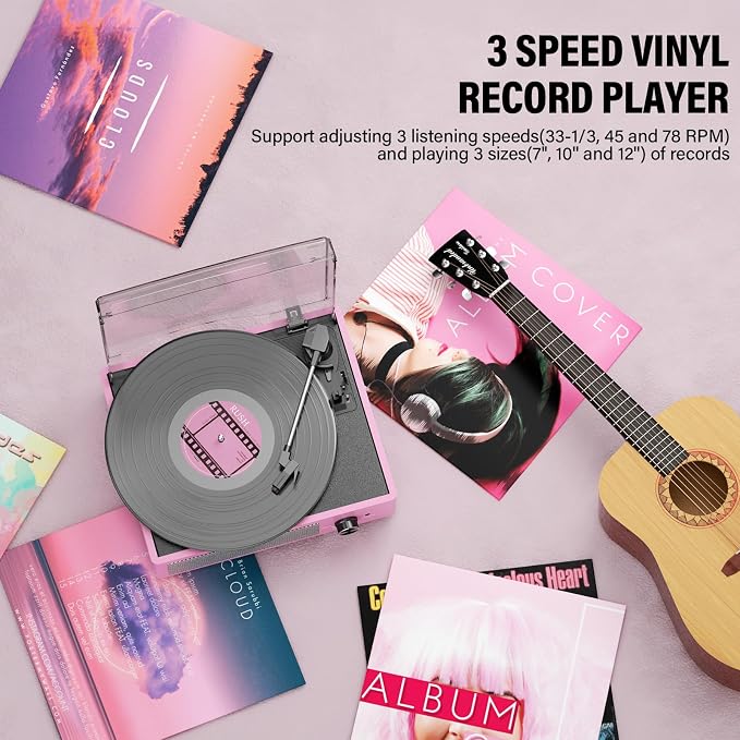 Vinyl Record Player with 2 Stereo Speakers Belt-Driven Vintage Turntables 3 Speed 3 Size Wireless Bluetooth Playback AUX-in RCA Out Headphone LP Vinyl Players Auto Stop Pale Pink