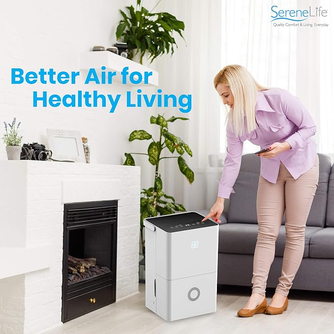 SereneLife 50-Pint Electric Home Compact Dehumidifier - 3000 Square Feet Quiet Electric Dehumidifiers For Home Closet Basement w/ 4L Water Tank Capacity, Removes Moisture - SereneLife SLDEHU50, White