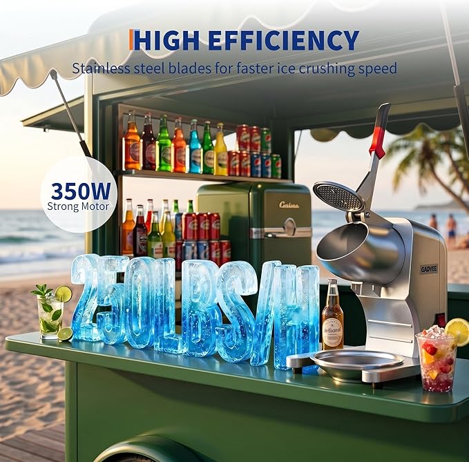 Garvee Commercial Ice Crusher 250LBS/H, 350W Electric Snow Cone Machine with 4 Stainless Steel Blades, 2000RPM, 1.98LBS Hopper Shaved Ice Maker with Bowl & Cover for Home and Commercial Use, Silver
