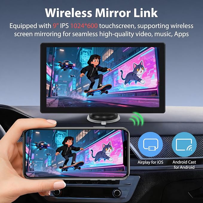 9 Inch Carplay Screen for Car, Wireless CarPlay & Android Auto | Portable Touchscreen with Bluetooth, FM, Mirror Link, Voice Control, GPS Navigation, Hands-Free Calling, Plug & Play