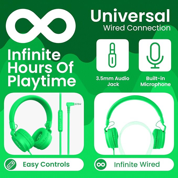 Puro Sound Labs Kids Wired Headphones – Volume-Limiting & Adjustable, Safer & Comfortable Headphones for Kids – Compatible with PCs, Smartphones & Tablets, Ideal for School & Travel – PuroBasic, Green