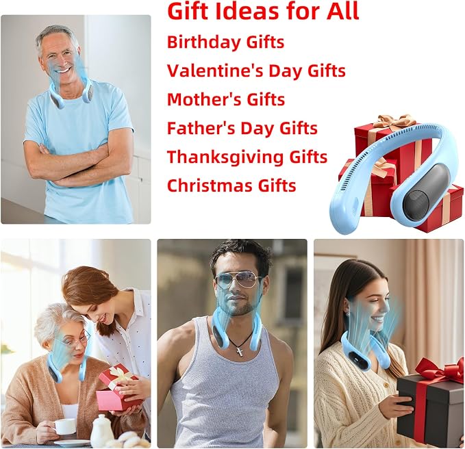 Portable Neck Fan, Personal Wearable Bladeless Fan for Outdoor Indoor, LED Display, 360° Cooling, 4-Speeds, 6000mAh USB Rechargeable, Birthday Gifts for Men Women Dad Mom (Light blue)