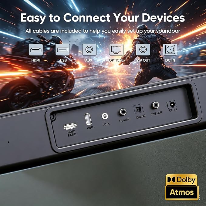 GEOYEAO 2.1 CH Sound bar with Subwoofers, 100W Sound Bar for Smart TV, Dolby Atmos Surround Sound System, Adjustable Home Theater Bluetooth Speaker, for TV/Projector/PC
