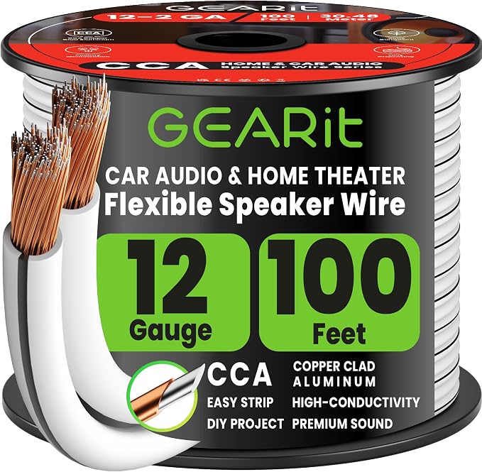 GEARit Speaker Wire 12 Gauge 100 ft,Speaker Cable with Foot Markers & Polarity Markings,12 Gauge Wire for Car Audio & Home Theater Speakers,Audio Cable for DIY Installations,CCA(White)