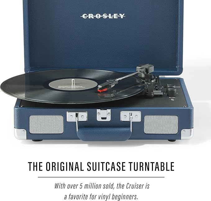 Crosley CR8005F-IB Cruiser Plus Vintage 3-Speed Bluetooth in/Out Suitcase Vinyl Record Player Turntable with Built-in Speakers, Ink Blue