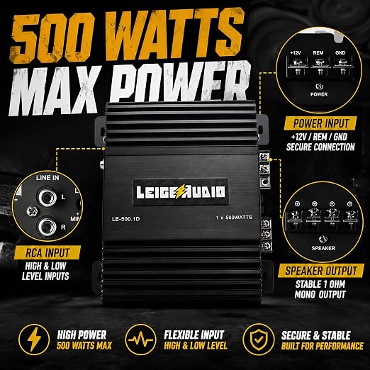 500 Watts MonoBlock Amplifier, Class D, 1 Ohm Stable Subwoofer Amplifiers for Car Audio Speakers