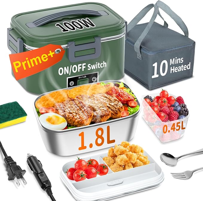 IFENROL Electric Heated Lunch Box for Adults with 1.8L Container, ON/OFF Power Switch & 0.6L Double Layer, Portable 100W 3-IN-1 Fast Heating Food Warmer for Men, 12V/24V/110V for Car Truck Office