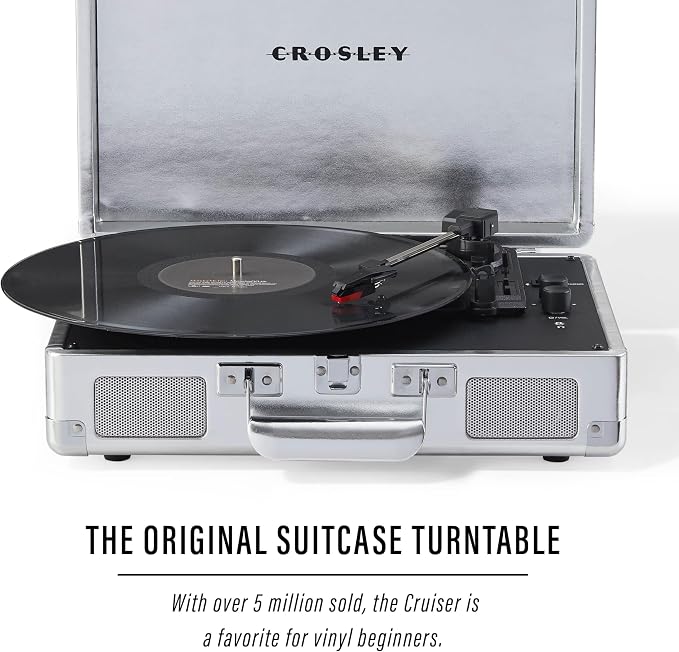 Crosley CR8005F-SI Cruiser Plus Vintage 3-Speed Bluetooth in/Out Suitcase Vinyl Record Player Turntable with Built-in Speakers, Silver
