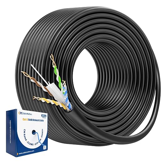 Cable Matters [UL Listed] 10Gbps in-Wall Riser Rated (CMR) 23AWG Bare Copper Cat6 Ethernet Cable - 300ft, Solid, UTP Cat 6 Ethernet Cable Spool, Cat 6 Cord Bulk, Black