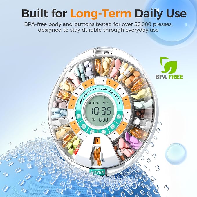 Betife Automatic Pill Dispenser,28-Day Smart Bluetooth Pill Box, App Support Automatic Pill Case with 6 Alarms & Light Reminder, Monthly Timer Dispenser,Electronic Medication Management for Seniors