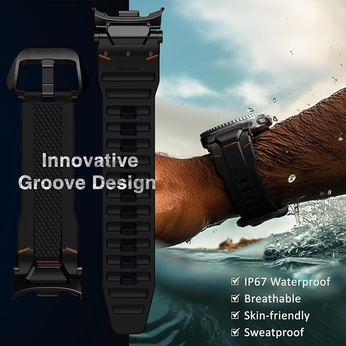 ULTIMAL Rugged TPU Sport Band ONLY for Samsung Galaxy Watch 8 Classic & Galaxy Watch 8 (40/44/46mm), Replacement Strap with Secure Connector, Waterproof Sweat-Resistant, Fit 6.2”-8.9”(Black+Black)