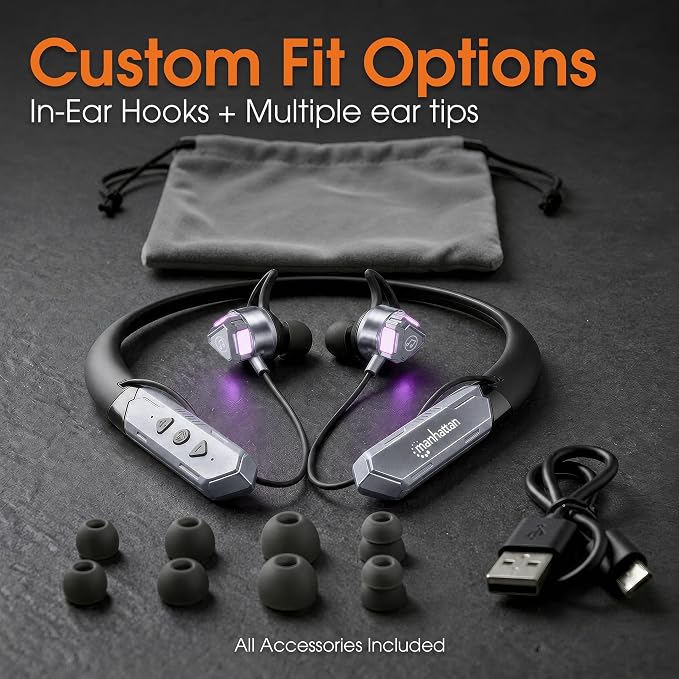 MANHATTAN Bluetooth Wireless Neckband Headphones — Work Earbud Earphones with 15H Playtime, Noise-Isolating, IPX4 Water Resistant, Built-in Mic – for Work, Music, Calls (Black/Space Gray)